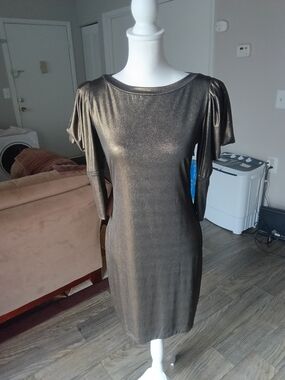 Shimmering Bronze Midi Dress with Puff Sleeves